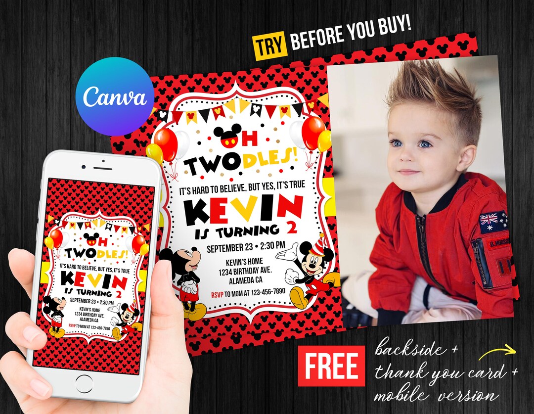 Oh Twodles Mickey Mouse Second Birthday Invitation Boy With Photo ...