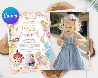 May include: A birthday party invitation with a princess theme and a photo of a young child. The invitation includes the text "Heather is turning ONE" with event details. The design incorporates floral elements and princess illustrations.