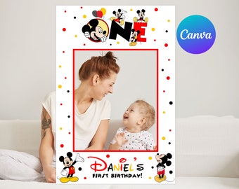 Mickey Mouse First Birthday Photo Booth Decor Boy Mickey 1st Birthday Party Decoration Photo Frame Digital Editable Template Printable