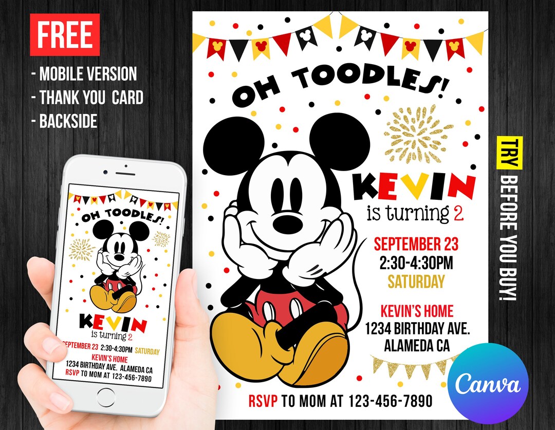 Oh Twodles Mickey Mouse Second Birthday Invitation Boy Electronic Thank ...
