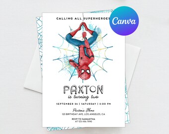 Invitación de cumpleaños de Spiderman para niño, plantilla editable, descarga instantánea, fiesta temática de superhéroes, invitaciones digitales o impresas