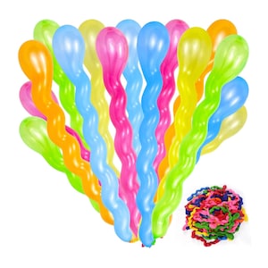 May include: A bunch of colourful twisty balloons in shades of green, yellow, orange, pink, and blue. The balloons are arranged in a fan shape, with the tips of the balloons pointing towards the top of the image.