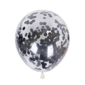 May include: A clear balloon filled with black confetti. The balloon is inflated and ready to be used for a party or celebration.
