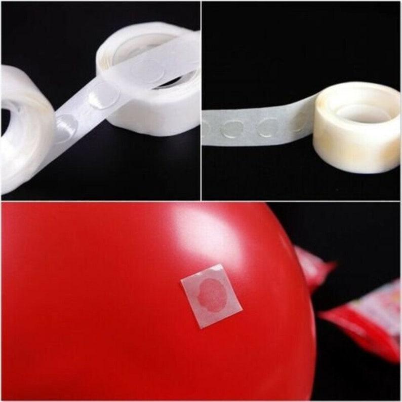 May include: A roll of clear adhesive dots on a white backing. The dots are designed to attach balloons to surfaces. A red balloon with a clear adhesive dot attached to it.