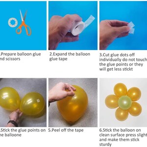 May include: A step-by-step guide on how to use adhesive dots to attach balloons together to create a balloon flower. The images show the process of preparing the adhesive dots, attaching them to the balloons, and then assembling the balloons into a flower shape.