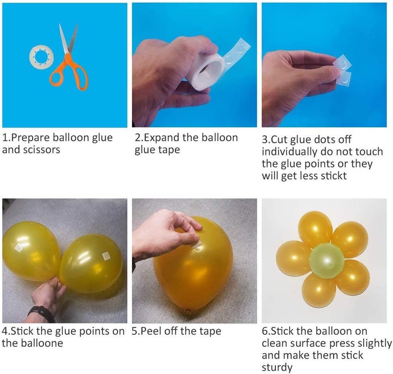 May include: A step-by-step guide on how to use adhesive dots to attach balloons together to create a balloon flower. The images show the process of preparing the adhesive dots, attaching them to the balloons, and then assembling the balloons into a flower shape.
