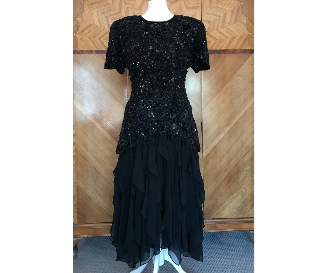 Oleg Cassini Vintage Black Beaded Cocktail Dress US 12 UK Etsy oleg-cassini-vintage-black-beaded-cocktail-dress-us-12-uk-etsy