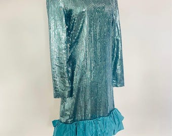 Vintage LANVIN Paris 1980s Cekinowa sukienka koktajlowa w kolorze turkusowym French 38