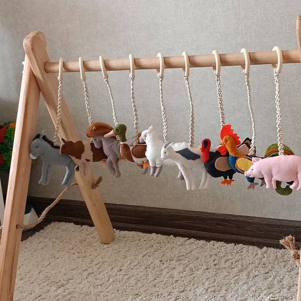 Farm animals play gym, Baby shower gift, Activity centre toys, Toys for wooden frame, Infant sensory toy