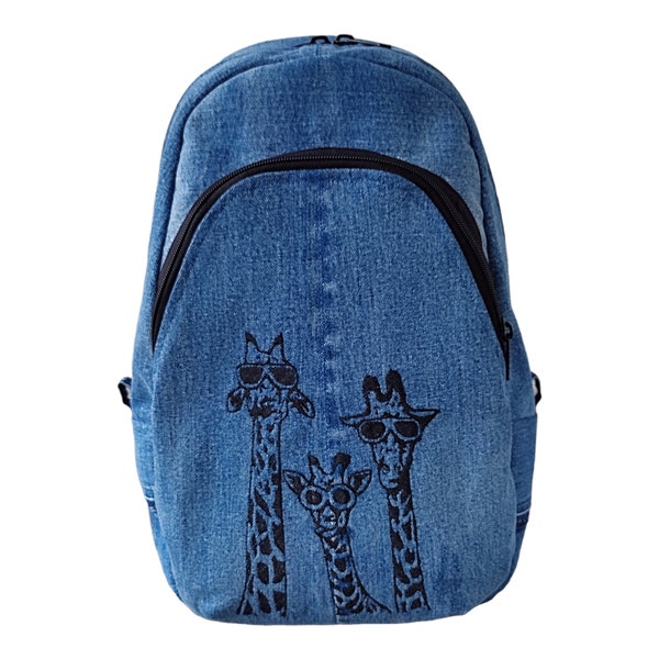 Denim Backpack, Jeans Shoulder Bag, Gift Bag, with embroidery, School Travel Bag,Shabby denim hipster rucksack,one of a kind