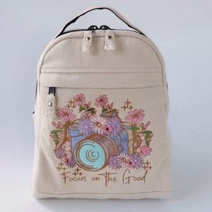 Unique Denim Backpack with Embroidered Camera and Florals - Positive Vibes On-The-Go!