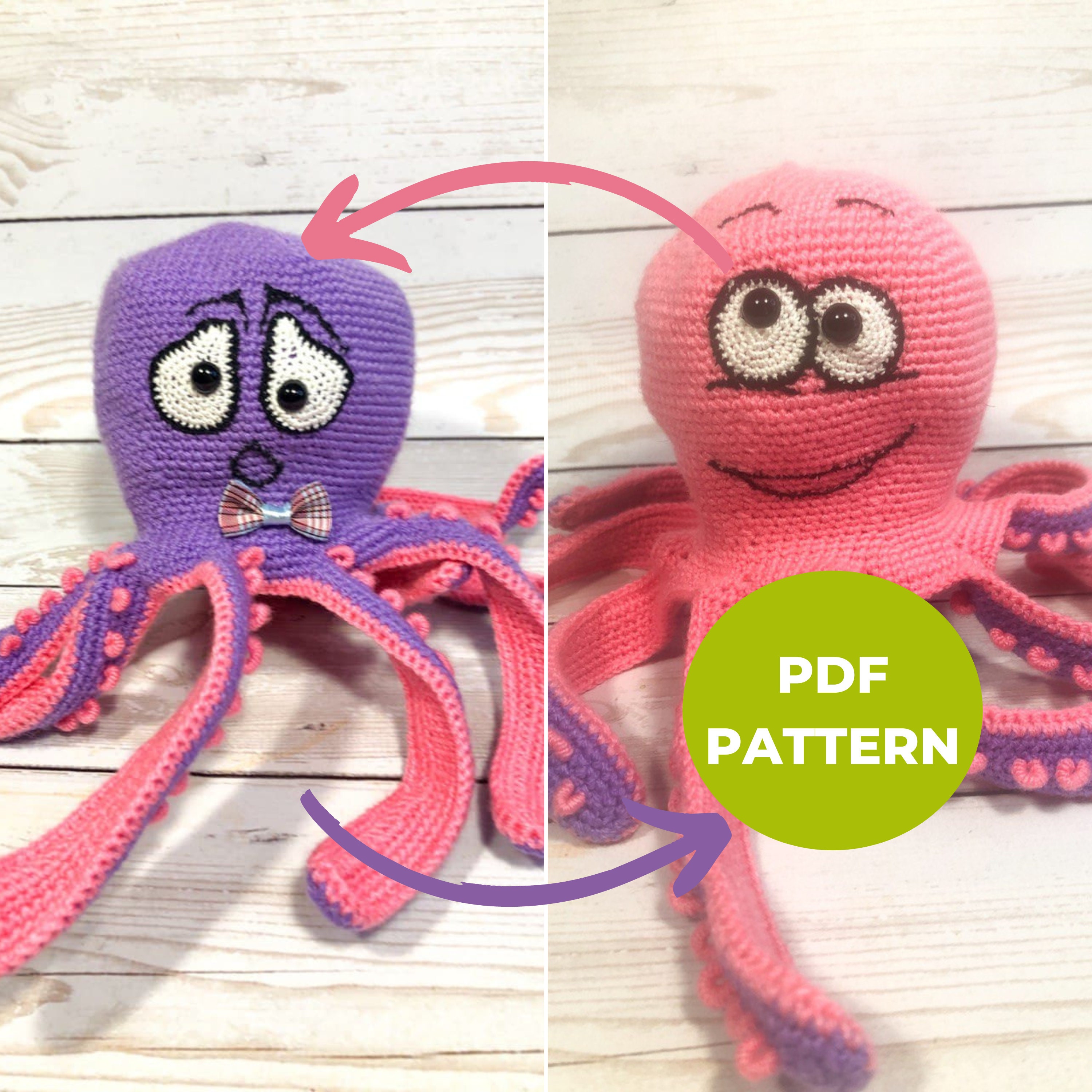 Crochet Pattern, Reversible Octopus Plush, Double Sided Crochet Toy NO  STUFFING NEEDED 