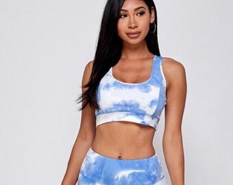 Two Piece Cloud Tie Dye Sports Bra & Leggings Set.