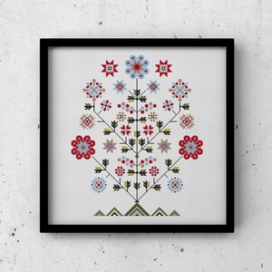 May include: A framed print of a stylized tree with red, blue, and green geometric flowers and leaves. The tree is set against a white background.