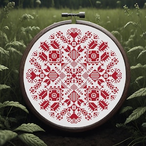 Kroatiskt folkligt geometriskt korsstygnsmönster PDF, monokromt slaviskt etniskt runt broderimönster, röd folkmandala, Hrvatski Narodni Vez