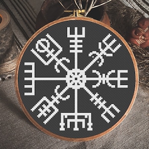 Vegvisir runique boussole motif point de croix PDF, symbole de protection viking, talisman nordique, grille de point de croix boussole viking islandaise