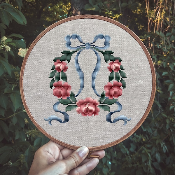 Antique Roses Counted Cross Stitch Digital PDF Pattern Vintage Pink Roses Wreath 19-early 20 Century Pattern Flowers XStitch Chart Victorian