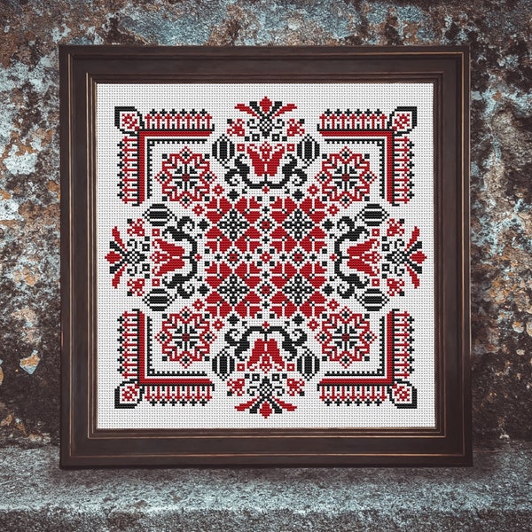 Red and Black Ornament Cross Stitch Pattern, Modern Folk Pattern PDF, Folk Ornament, Geometric Sampler, Slavic Folk Sampler, Ukrainian Folk