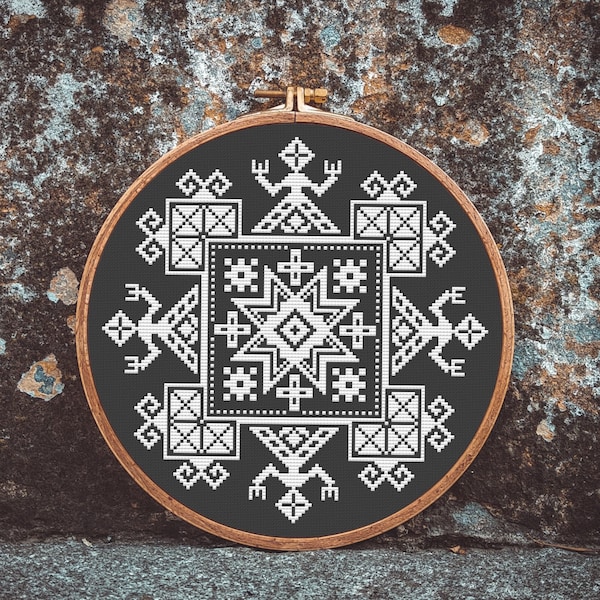 Slavic Amulet Folk Mandala Cross Stitch Pattern, Digital Pattern PDF, Ukrainian Monochrome pattern, Folk Mandala Cross Stitch chart