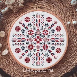 May include: A cross-stitch embroidery in a wooden hoop features a symmetrical design with red and navy blue geometric floral patterns. The text "LMA patterns" is visible at the bottom. The embroidery is set against a woven background.