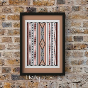 May include: A framed print of a geometric pattern in shades of red, orange, grey, and white. The pattern is reminiscent of traditional rug designs. The frame is black and the print is on a beige background. The text "LMA patterns" is printed below the frame.