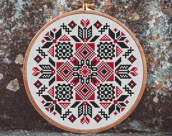 Ukrainian Geometric Sampler Cross Stitch Pattern PDF, Black and Red Counted Cross Stitch Traditional Ornament, Modern Folk Ukraine, Slavic