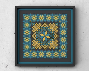 Ukrainian Geometric Sampler Cross Stitch Pattern PDF, Modern Folk Slavic Cross Stitch, Blue and Yellow Xstitch Chart, Ukrainian Ornaments