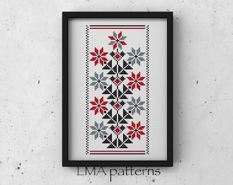 May include: Black framed embroidery pattern with a white background. The pattern features a stylized tree with red and gray flowers.