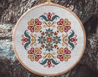Kwiatowy okrągły ornament, Wykres haftu krzyżykowego, Wzór obręczy 6 cali, Geometryczny wykres haftu krzyżykowego PDF, Ornament ludowy, Wykres cyfrowy