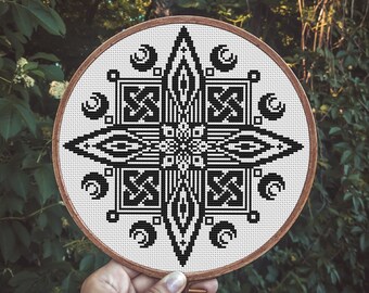Magic Mandala Monochrome Cross Stitch Patter PDF, Celtic Knots Geometric Sampler Chart, Gothic Witchy Moon Phases Symmetrical Cross Stitch
