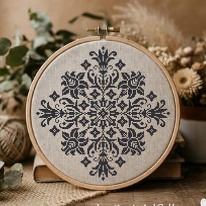 Victorian Floral Mandala, Monochrome Cross Stitch Pattern, Ornamental PDF
