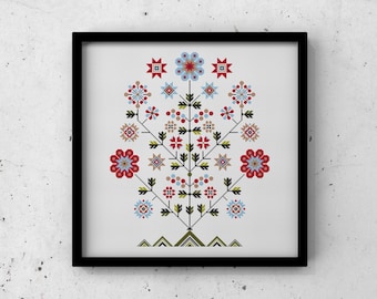 May include: A framed print of a stylized tree with red, blue, and green geometric flowers and leaves. The tree is set against a white background.