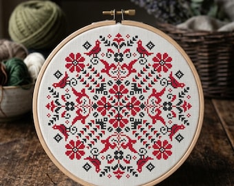 Folk Ukrainian Sampler Cross Stitch Pattern, Traditional Slavic Pattern, Red Black Embroidery (PDF Instant Download)