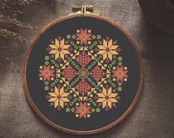 Floral Round Sampler Counted Cross Stitch Pattern Printable PDF Small Embroidery pattern 6-inch hoop Black Aida Antique Flowers Easy Pattern