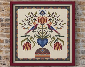 Fraktur Cross Stitch Pattern PDF American German Folk Sampler X-Stitch Pattern Primitive Art Embroidery Folk Birds Counted Cross Stitch