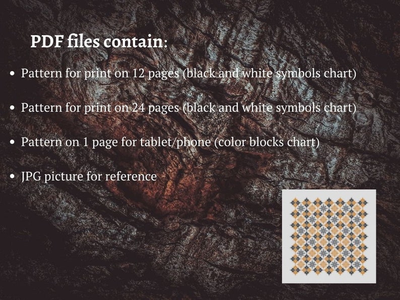 Może przedstawiać: Cyfrowy plik PDF do pobrania zawierający wz&oacute;r na geometryczny projekt. Wz&oacute;r jest przedstawiony na czarno-białej mapie symboli i mapie blok&oacute;w kolor&oacute;w. Plik PDF zawiera r&oacute;wnież zdjęcie JPG do cel&oacute;w referencyjnych.