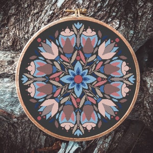 Folk Flowers Mandala Cross Stitch Pattern, Digital Pattern PDF, Modern Folk Counted Cross Stitch chart, Black Canvas Pattern Cross Stitch