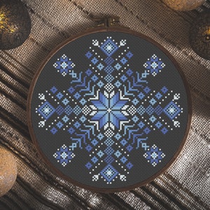 Blue Snowflake Cross Stitch Pattern PDF, Christmas Ornament Embroidery, Geometric Mandala Xstitch, Winter Cross Stitch, Folk Embroidery