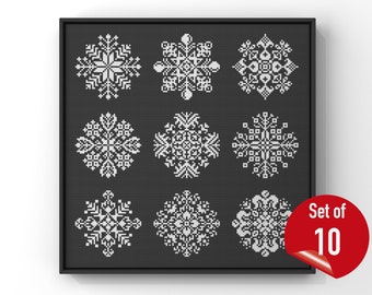 10 Snowflakes Bundle Cross Stitch Pattern Counted Cross Stitch Chart PDF Christmas Ornament Tree Decorations Winter Cross Stitch Monochrome