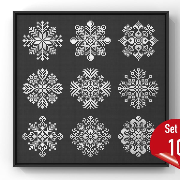 10 Snowflakes Bundle Cross Stitch Pattern Counted Cross Stitch Chart PDF Christmas Ornament Tree Decorations Winter Cross Stitch Monochrome