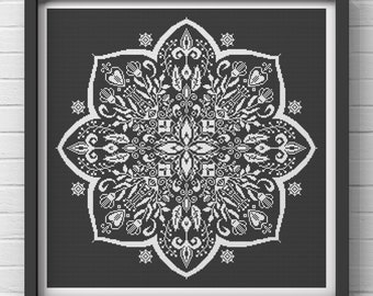 Mandala Monochrome Cross Stitch Pattern, Instant Download PDF, Mandala printable chart, Monochrome cross stitch chart, Mandala PDF pattern