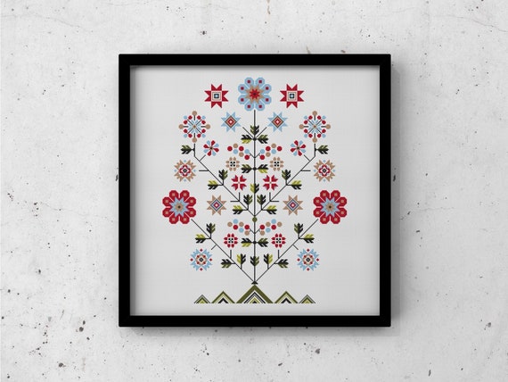 Sarasa  Wooeblock  Patterns デザインライブラリー Slavic Tree of Life Cross Stitch Pattern PDF, Ukrainian Folk Cross