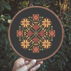 Floral Round Sampler Counted Cross Stitch Pattern Printable PDF Small Embroidery pattern 6-inch hoop Black Aida Antique Flowers Easy Pattern image 5