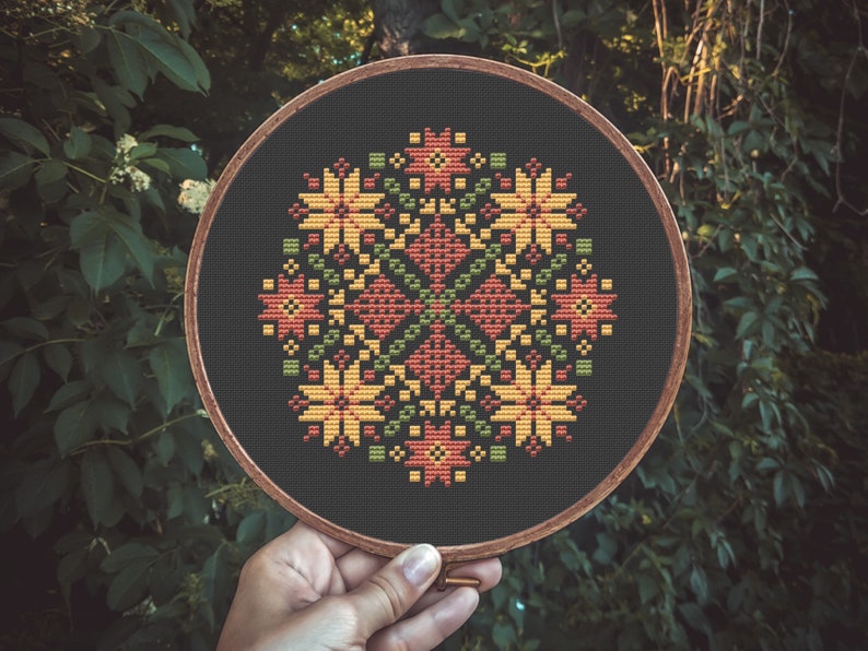 Floral Round Sampler Counted Cross Stitch Pattern Printable PDF Small Embroidery pattern 6-inch hoop Black Aida Antique Flowers Easy Pattern image 5