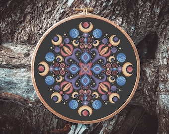 Folk Flowers Mandala Cross Stitch Pattern, Digital Pattern PDF, Modern Folk Counted Cross Stitch chart, Colorful Mandala PDF, Moon Phases