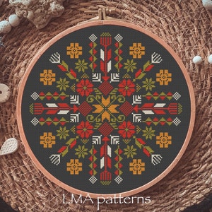 Könnte beinhalten: Ein runder Stickrahmen mit einem farbenfrohen geometrischen Muster in Rot-, Orange-, Gelb-, Grün- und Weißtönen auf dunkelblauem Hintergrund. Das Muster ist ein Mandala-Design mit einem zentralen Stern und sich wiederholenden geometrischen Formen. Der Rahmen befindet sich auf einer gewebten Oberfläche.