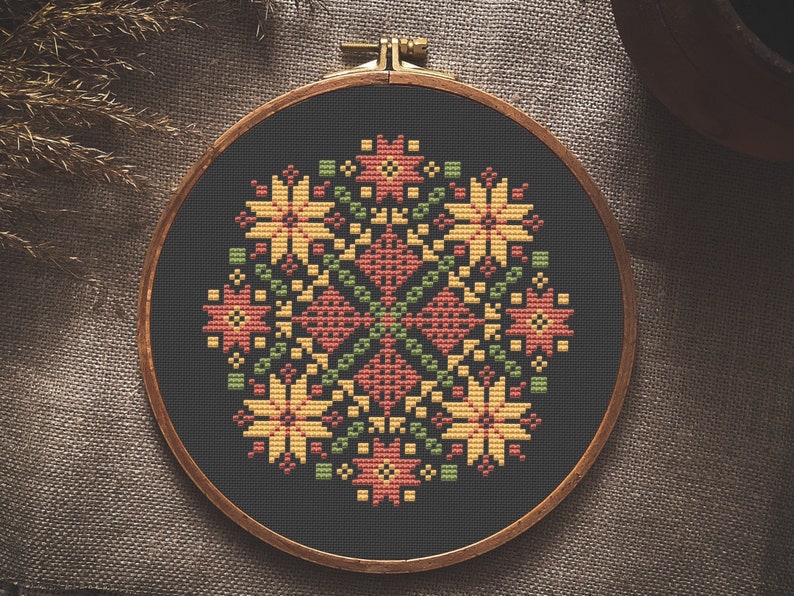 Floral Round Sampler Counted Cross Stitch Pattern Printable PDF Small Embroidery pattern 6-inch hoop Black Aida Antique Flowers Easy Pattern image 1