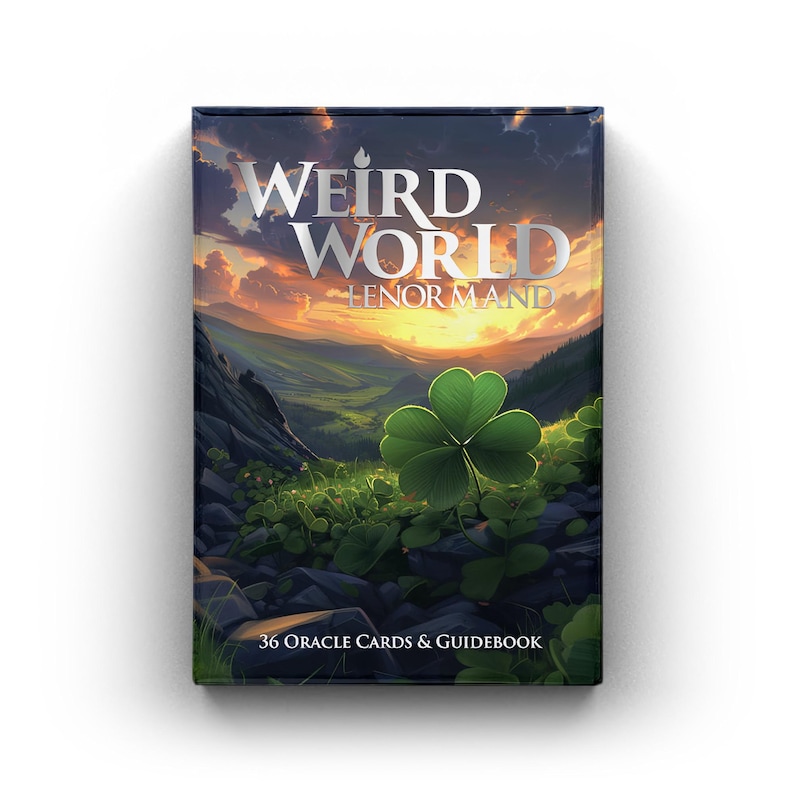 May include: A boxed set of oracle cards titled "Weird World Lenormand." The box features a landscape illustration with a sunset, mountains, and a four-leaf clover. The text "36 Oracle Cards & Guidebook" is at the bottom.