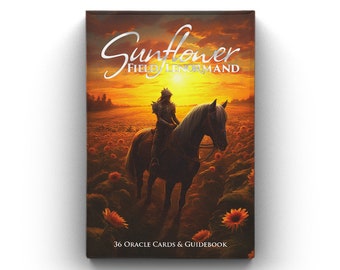 May include: A box of Sunflower Field Lenormand oracle cards with a sunset background and a rider on a horse in a field of sunflowers. The box says "36 Oracle Cards & Guidebook".