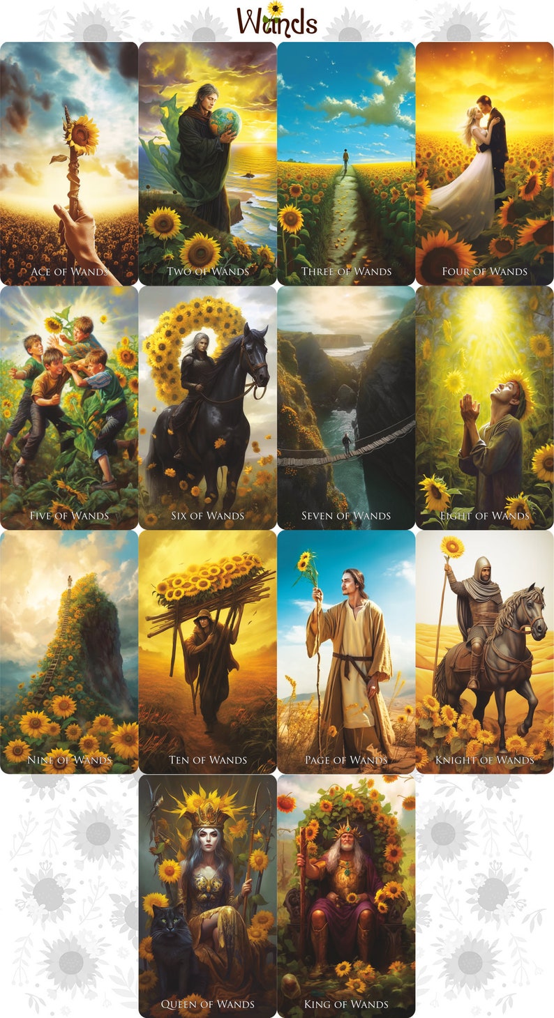 May include: A deck of tarot cards illustrating the Wands suit. Each card shows scenes with sunflowers, featuring figures holding wands, walking through fields, and interacting. The cards are labelled with their numbers and titles, such as 'Ace of Wands'.